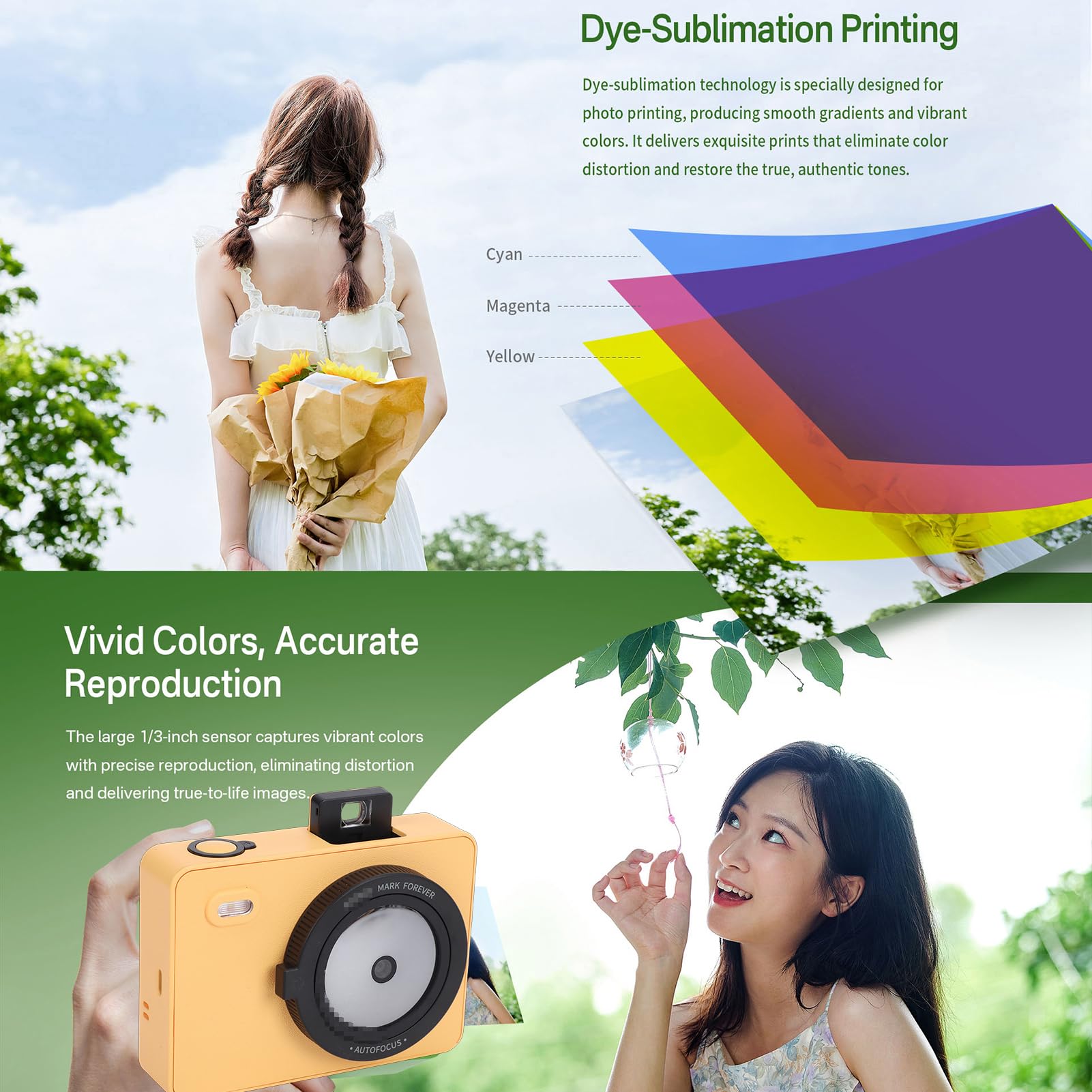 Fafeicy Stampante Fotografica Portatile, Stampante Fotografica Istantanea Z5 da Viaggio, Mini con Stampe 2x3 Pollici 271 DPI, Flash LED 5000K-6000K Mirino Pop-up per Uso (YELLOW)