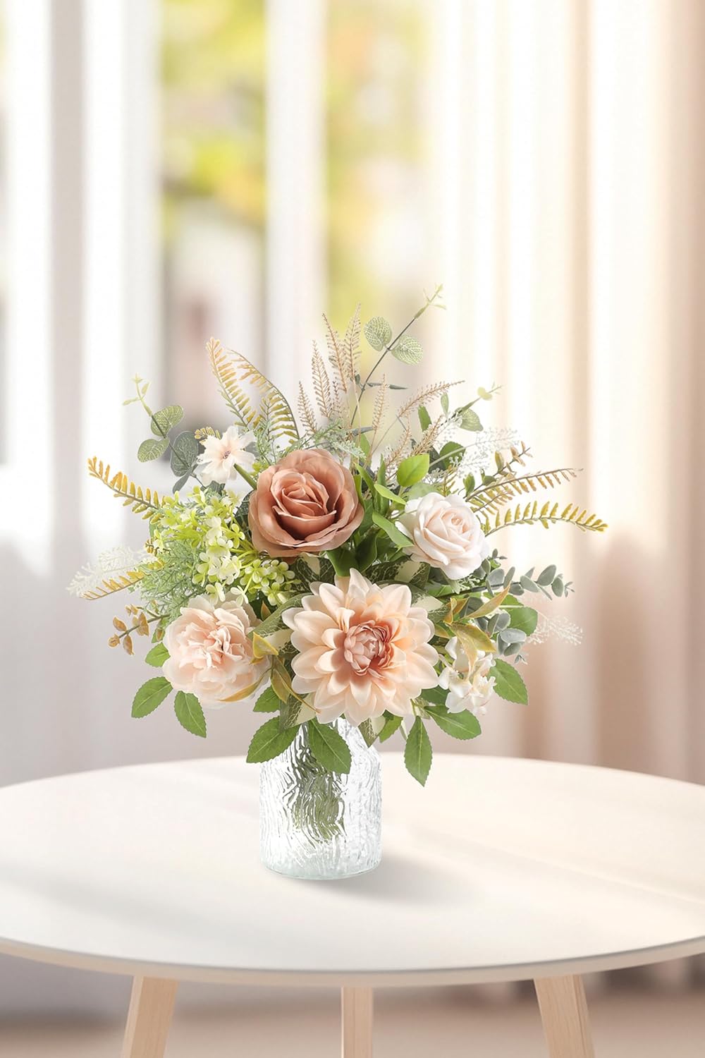 Serra Flora Faux Flowers with Vase,Artificial Silk Roses in Vase,Table Centerpieces for Dining Room, Silk Flower Arrangements for Home, Living Room Bathroom Plant Decor, Centerpiece Table Decorations