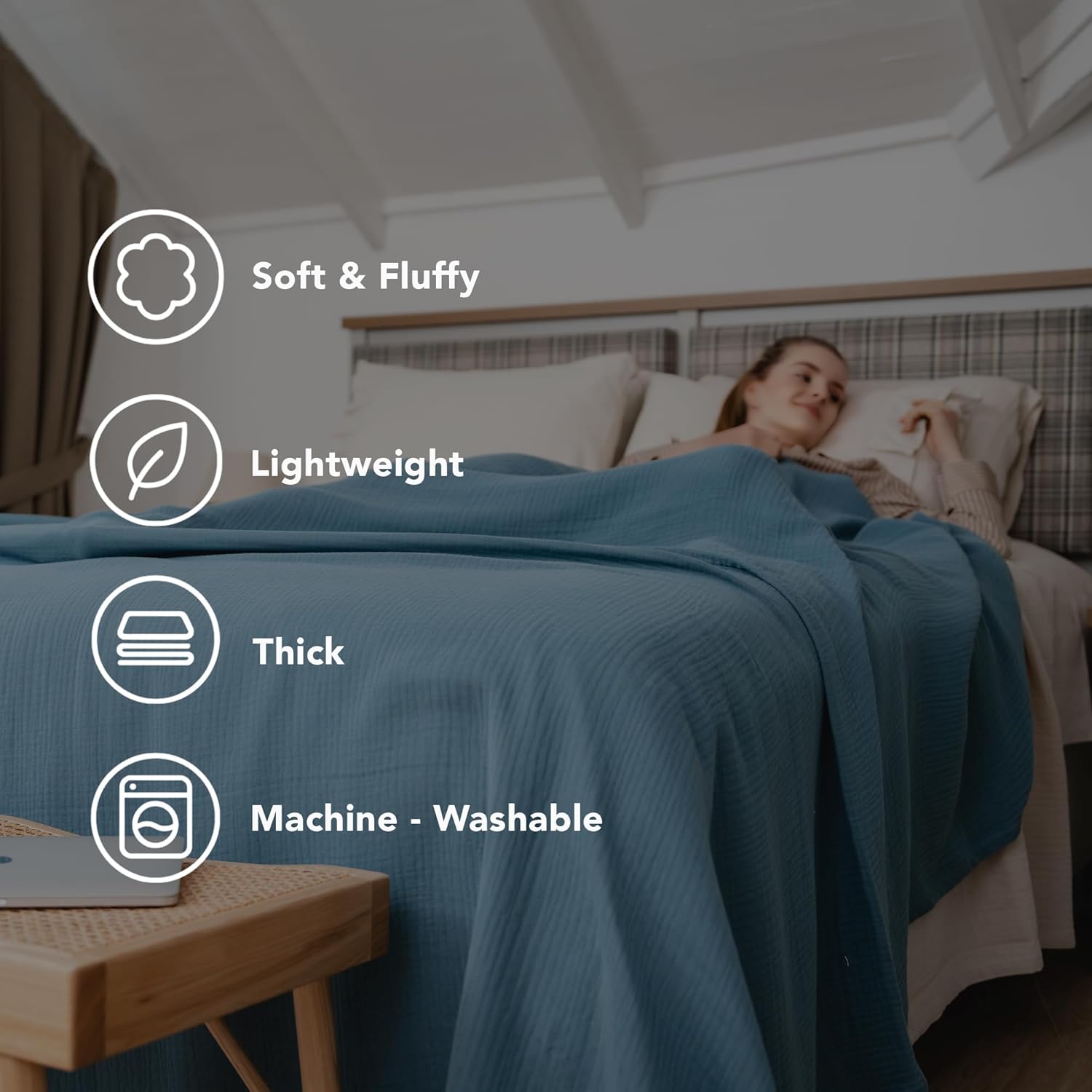 Goqan Throw Blanket 55x60 – 100% Turkish Cotton 4 Layer Boho Muslin Blanket for Adults, Four Season Blanket Lightweight and Thin, Soft, Breathable for Bed, Couch, Picnic - Teal - Image 5