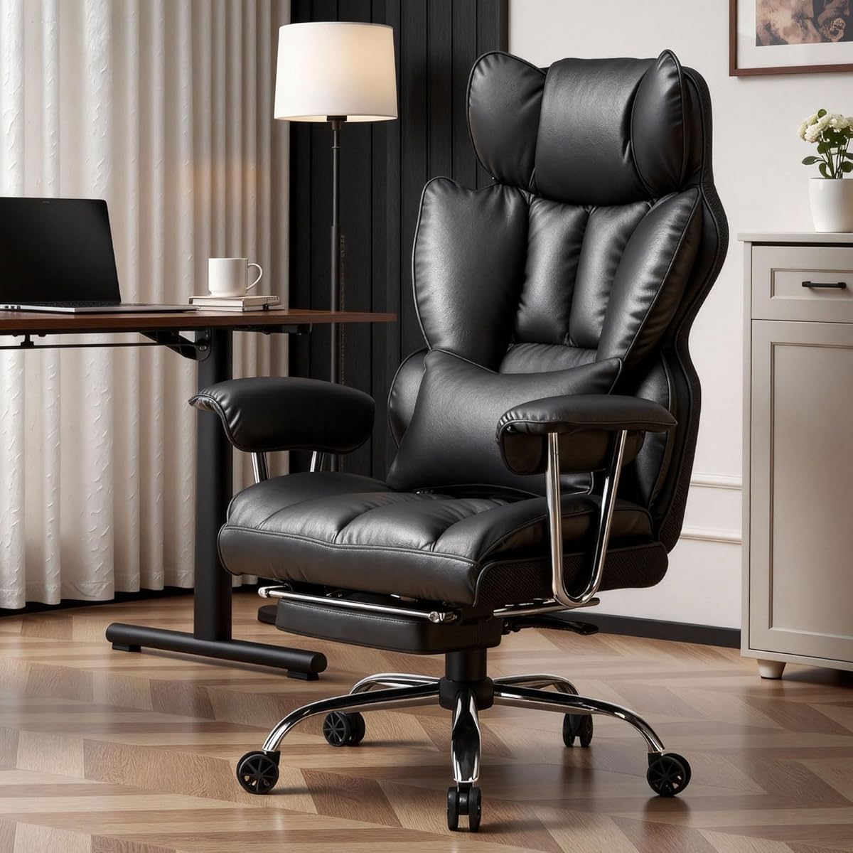 Efomao Big & Tall Office Chair with Footrest, High-Back Leather Executive Desk Chair with Lumbar Support and Padded Armrests, Black