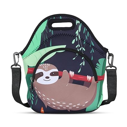 Violet Mist Unicorn Neoprene Insulated Lunch Bag Tote Large with Extra Pocket Waterproof Detachable Adjustable Shoulder Lunchbox Handbags Green Sloth