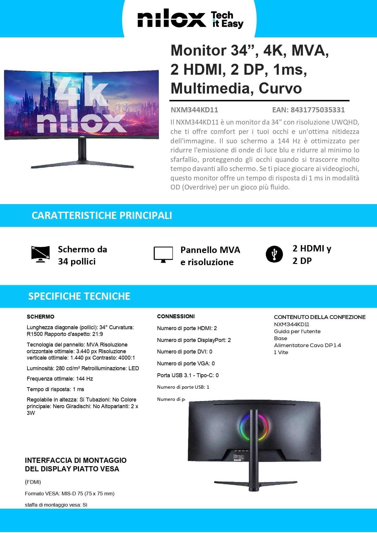 Nilox NXM344KD11, Monitor Gaming Curvo 34 Pollici, Monitor Gaming 4k con Frequenza 165Hz e Tempo di Risposta 1ms, Ingressi HDMI e DP, Monitor PC con Immagini Chiare e Nitide per Gioco Fluido