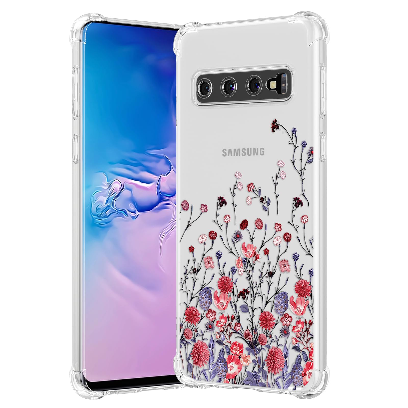 RALEAVO Compatible with Samsung Galaxy S10 Clear Floral Case Girly Soft Slim Bumper Case with Flower Pattern for Galaxy S10-Red Flower