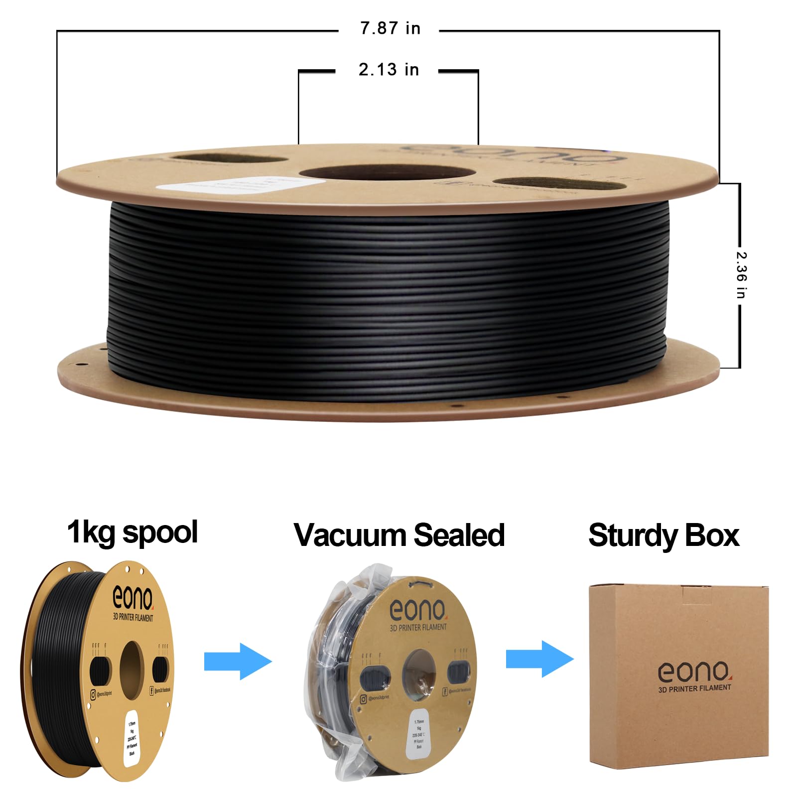 Eono Filament PP 1,75 mm Filament do drukarki 3D, półelastyczny ultra wytrzymały filament polipropylenowy, czarny, 1 kg
