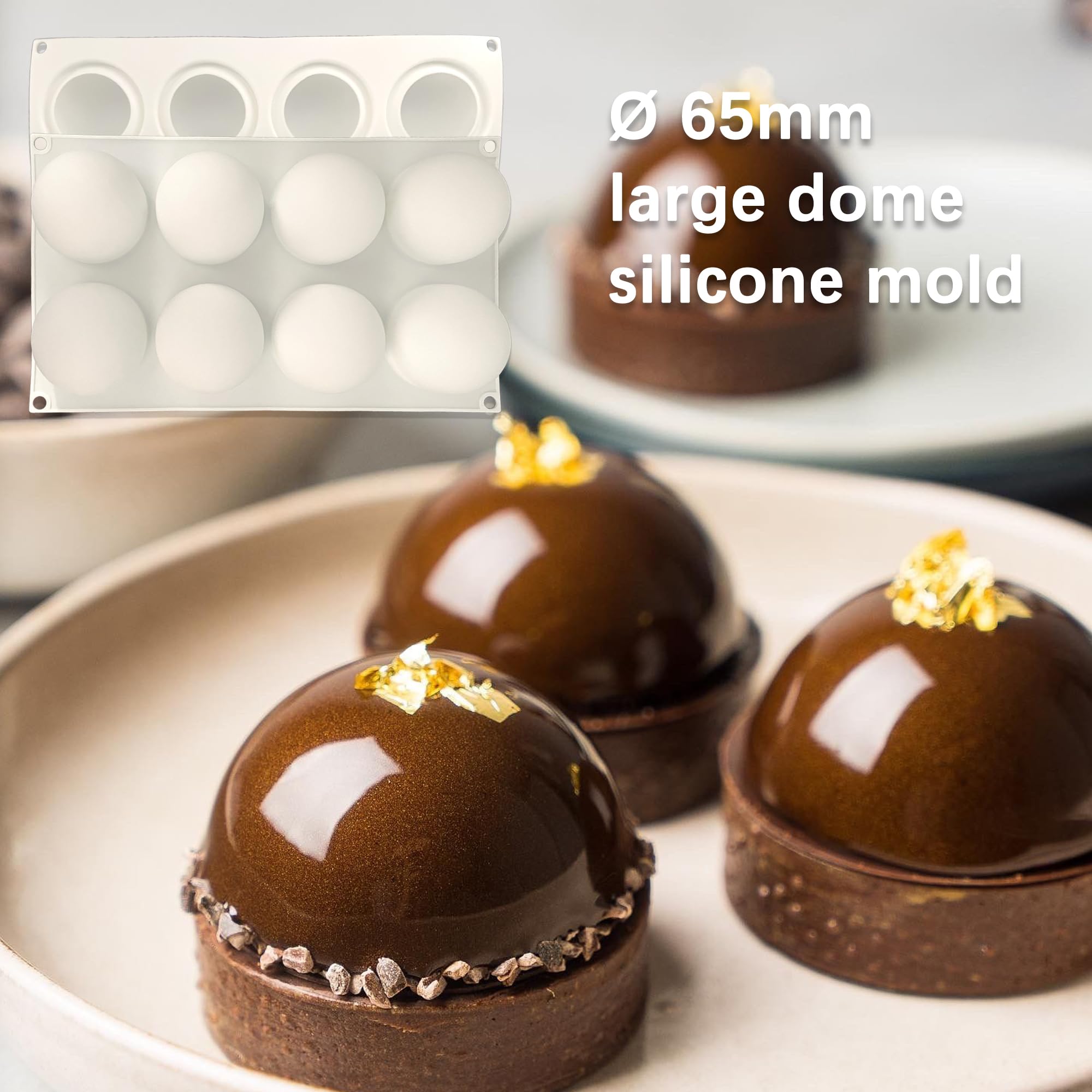 duoyif Schokoladenformen Kugel Silikonform 8Löcher 65mm Kugelform Dome-Mousse Silikonform Ball Kugel Backform Für Schokoladen Kugeln Kuchen Dessert Deko Bonbons Eiskugeln (Weiß, 8Löcher Ø65mm)