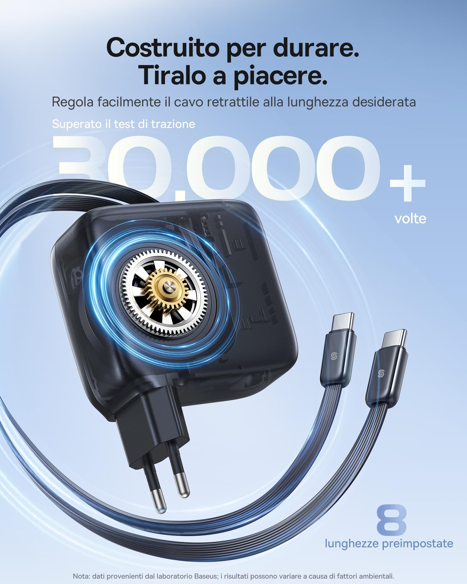 Baseus Enercore Caricatore USB-C 67W GaN Compatto con 2 Cavi Arrotolabili, Porta USB-C