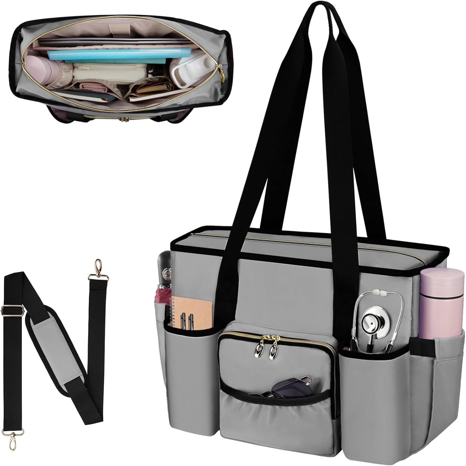 Nurse Bag, Work Bags with 15.6-inch Laptop Compartment, Teacher bag with Large Cup Holder, Nursing Tote Bag with Insulated Pocket for Nurses, Teachers, Students, and Professionals, Grey