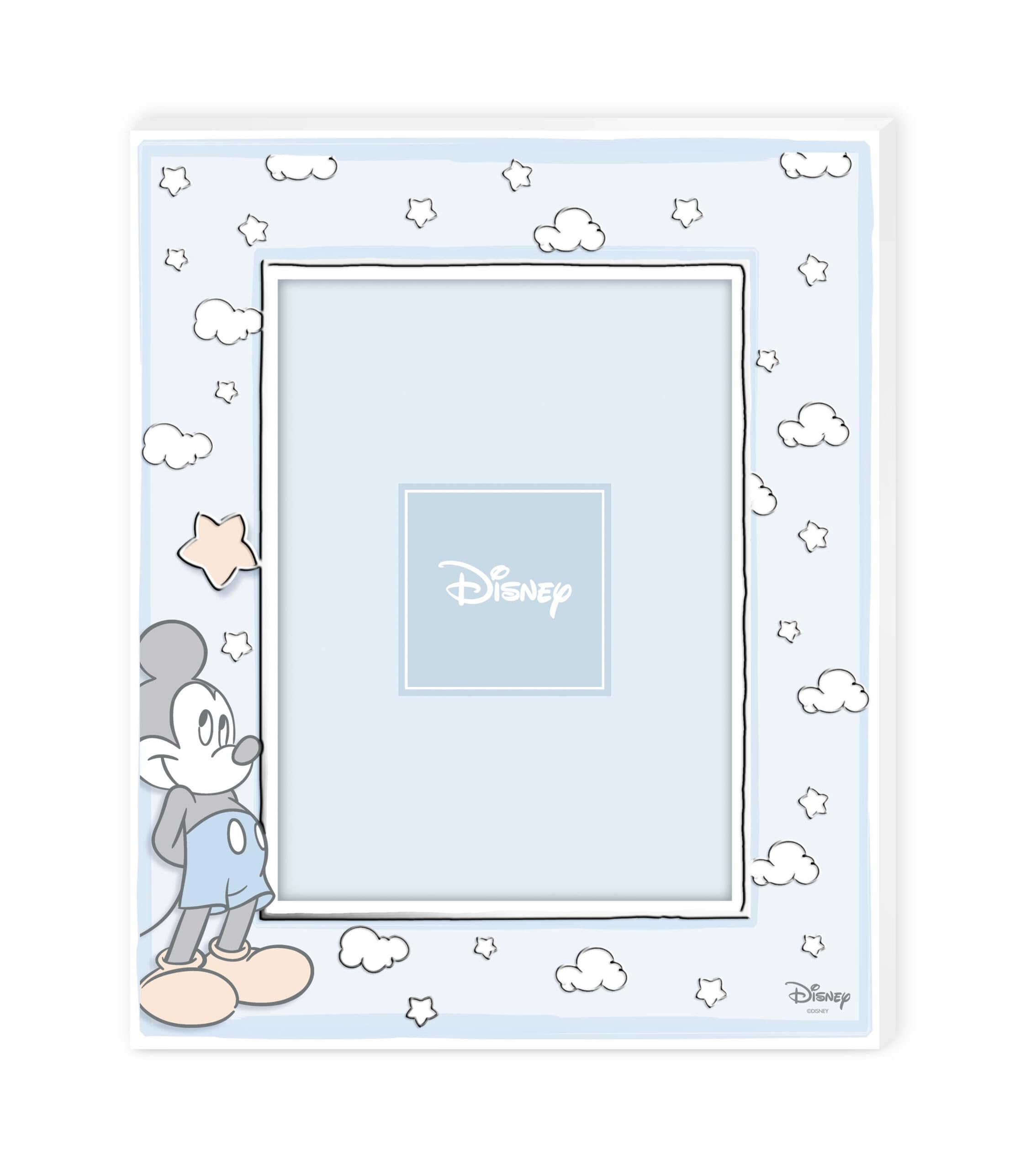 VALENTI & CO. - Disney Mickey Mouse - Marco de madera 13 x 18 cm - Portafotos de mesa con detalles en plata - Idea de regalo para recién nacido o regalo bautizo - Marco de fotos para habitación