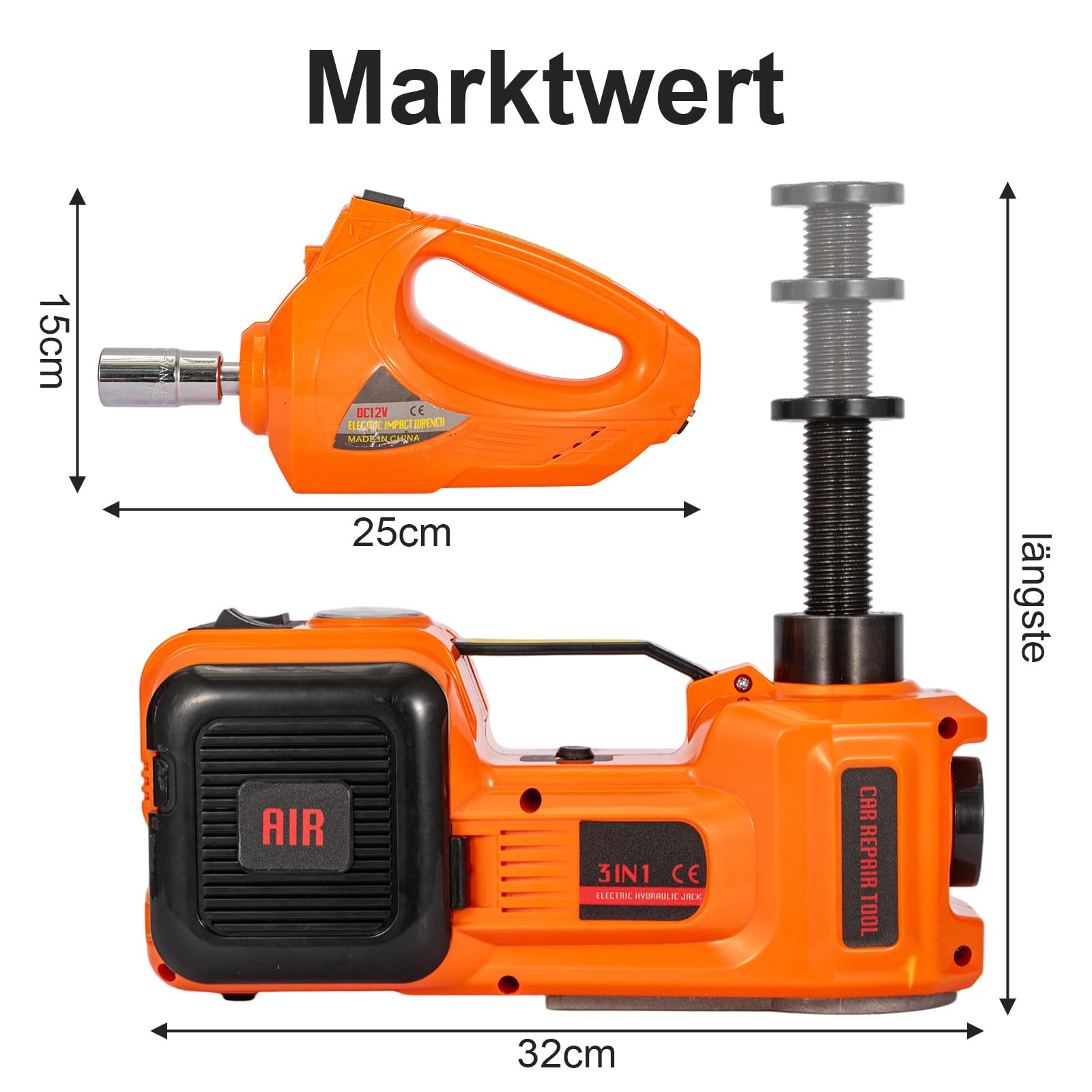 Elektrischer Wagenheber 5 t, 12 Volt wagenheber elektrisch, All-in-One-Bodenhub mit Hydraulischer Heber und Schlagzange, inklusive Luftpumpe, Sicherheitshammer und LED-Leuchte für Limousinen, SUVs