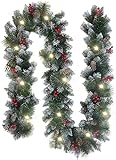 4E's Novelty Plug in Christmas Garland with Lights 9 feet Prelit Christmas Garland for Mantle Decorations Indoor and Outdoor Semi Snow Flocked Artificial Garland
