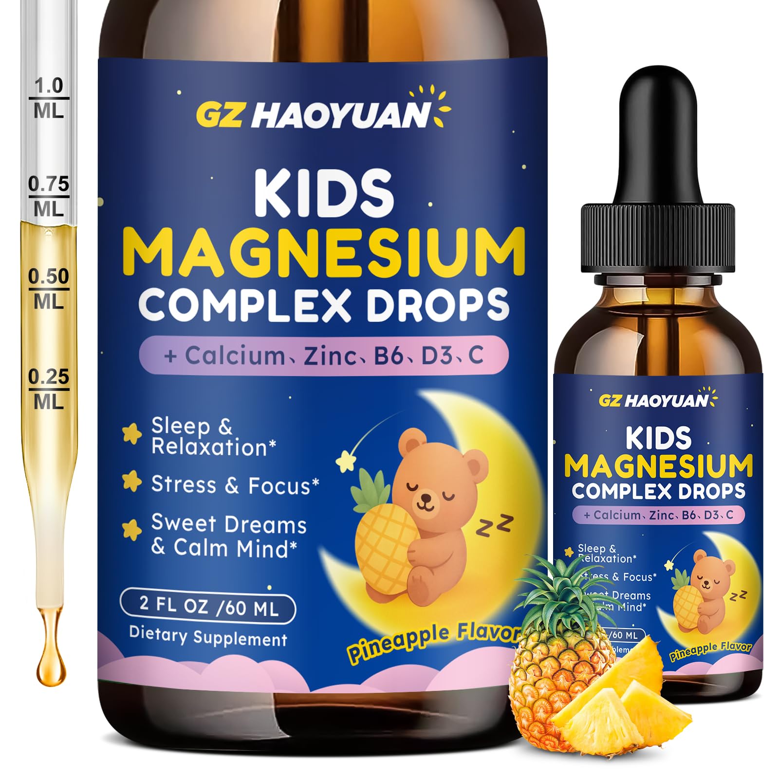Magnesium Complex Liquid for Kids - Magnesium Glycinate, Malate, Taurate, Citrate with Calcium, Omega-3, L-theanine, Zinc,Vitamin B6 D3 C for Sleep, Relaxation, Calm & Focus, Pineapple Flavor, 2 Fl Oz Pineapple 2 Fl Oz (Pack of 1)