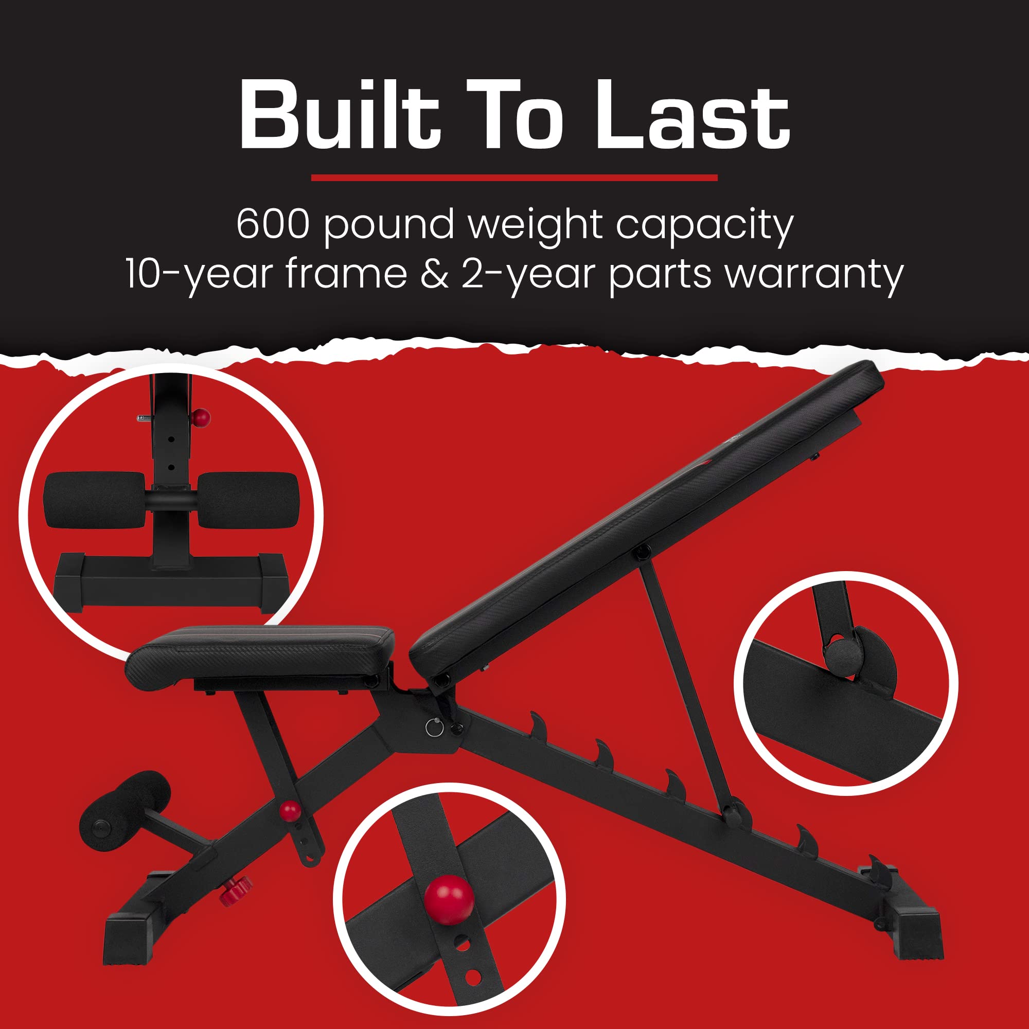 Adjustable Bench, Foldable Weight Bench, Incline/Decline/Flat Bench, 7 Back Adjustments, Adjustable Seat, Black/Red (51MAB)