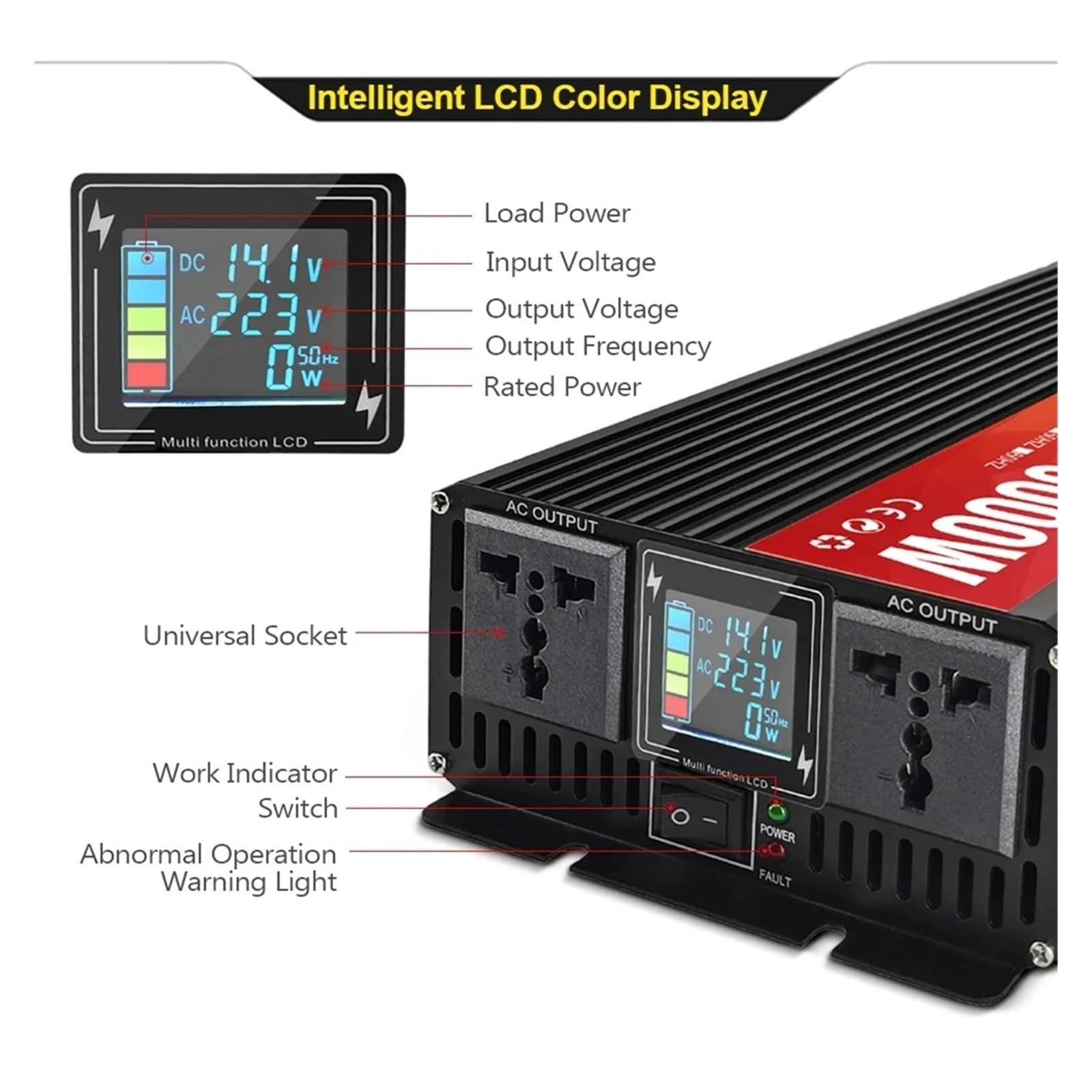 POWERinvert Onduleur Voiture 3000 W À Onde Sinusoïdale Double Prise Écran LCD Convertisseur Tension CC 12 V 24 V vers CA 220 V(12V,110V 60HZ,Universal)