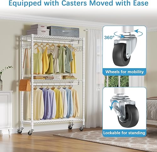 Miniatura 6 de VIPEK V12 - Perchero de 3 niveles ajustable de alambre con ruedas, estante de almacenamiento independiente de metal resistente para colgar ropa,
