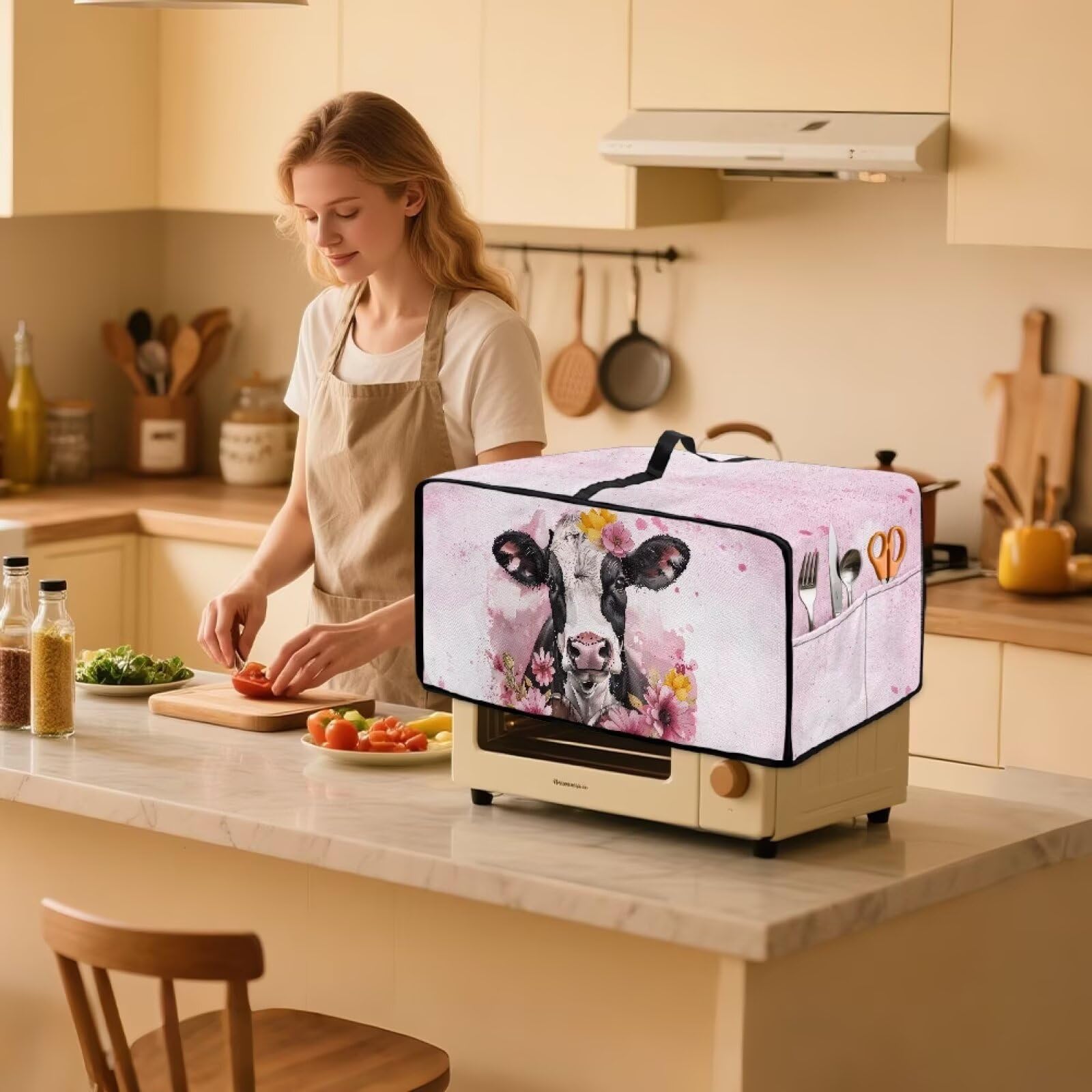 Wanyint Toaster Oven Dust Cover with Accessory Pockets Dustproof Washable Rectangular Convection Oven Air Fryer Protective Cover Case, 20.5 x 16.5 x 10 Inches, Cow Daisy Pink