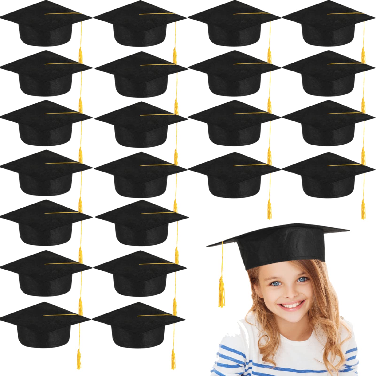 24 Pieces Child Size Graduation Caps Black Felt Kindergarten Grad Hats for Preschool Graduation (24 Pieces)