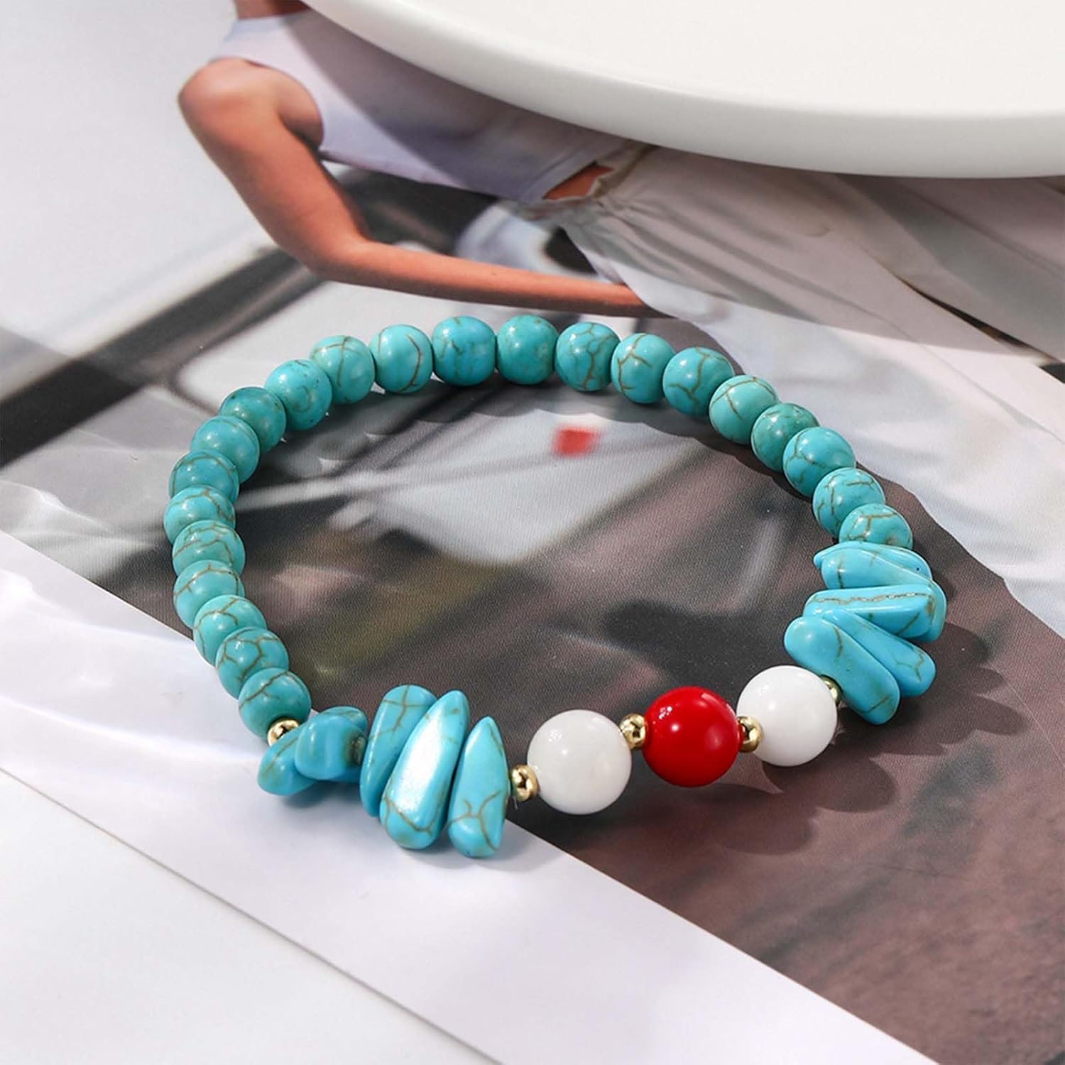 HETICA Round Bead Turquoise Bracelet for Women Irregular Turquoise Stretch Bracelets Jewelry - Image 4