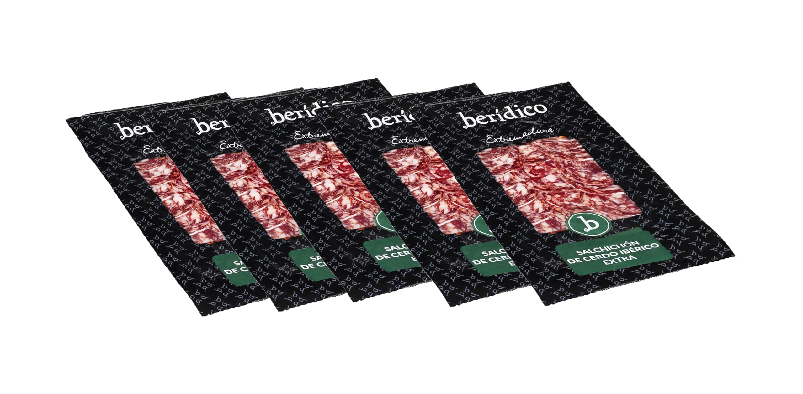 Salchichón Ibérico Extra Pack de 5 sobres de 100 g loncheado y envasados al vacío. Elaborado artesanalmente y curado en secadero natural. Extremadura. BERIDICO