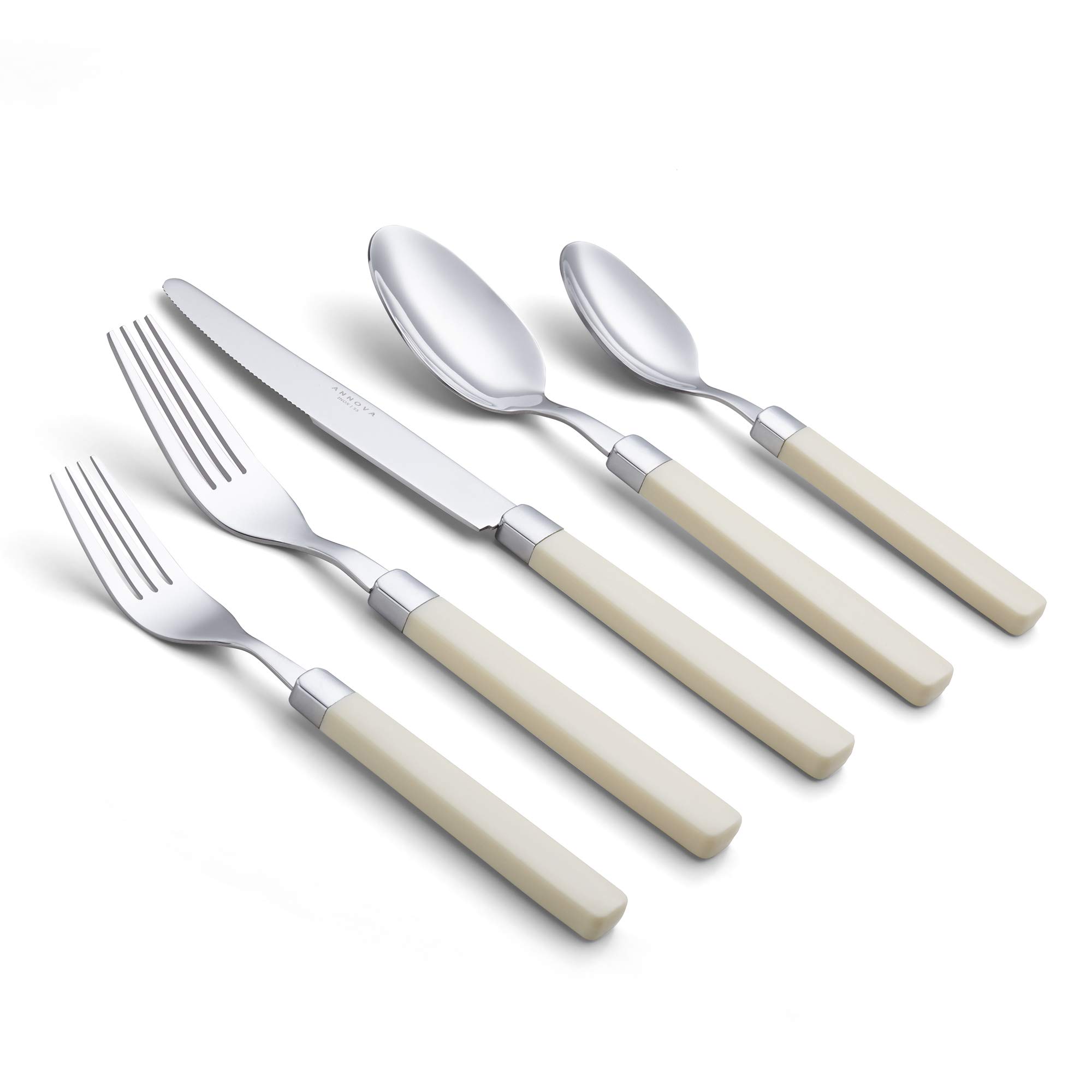 Ensemble de couverts en acier inoxydable ANNOVA - Poignées de couleur - Fourchettes à dîner, fourchettes à salade, couteaux de table, cuillères à soupe, cuillères à thé (cream, 20pieces)