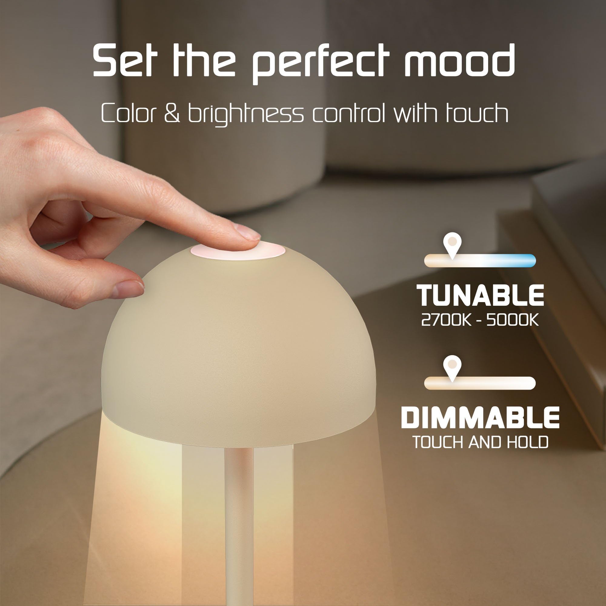 Ledvion - Lampe de Table LED Rechargeable, Beige, Variable 2700K-5000K, 110 Lm, IP54 Résistante aux Éclaboussures, Batterie 2000mAh, Commande Tactile, Réglable, USB-C, Intérieure & Extérieure, Vita