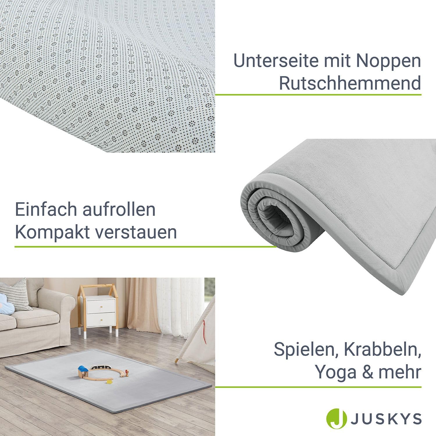 Juskys tappeto morbido e antiscivolo da 180x120 cm per gattonare, ideale per bambino, neonato, yoga – Grigio