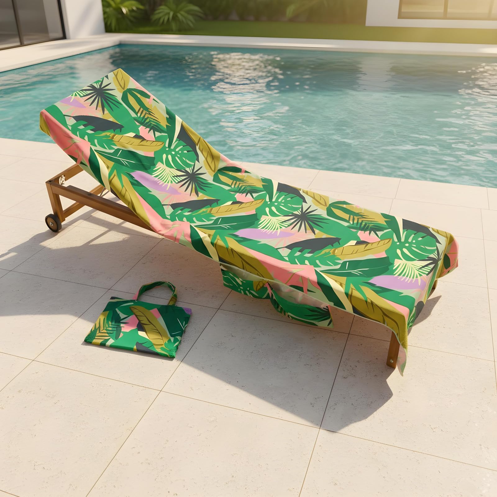 Ohs Green - Palm Print Beach Towel In A Bag Sun Lounger, Soft Quick-Dry Absorbent Sun Bed Towel With Pockets Lightweight Large Beach Towels For Adults Holiday Essentials, 75 X 215Cm - Green Palm Print