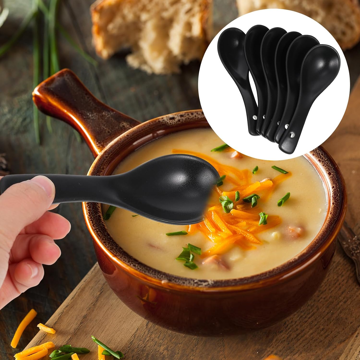 6pcs Black Ceramic Soup Spoons Small Size Multipurpose Kitchen Utensils for Home, Restaurant, and Porridge Serving