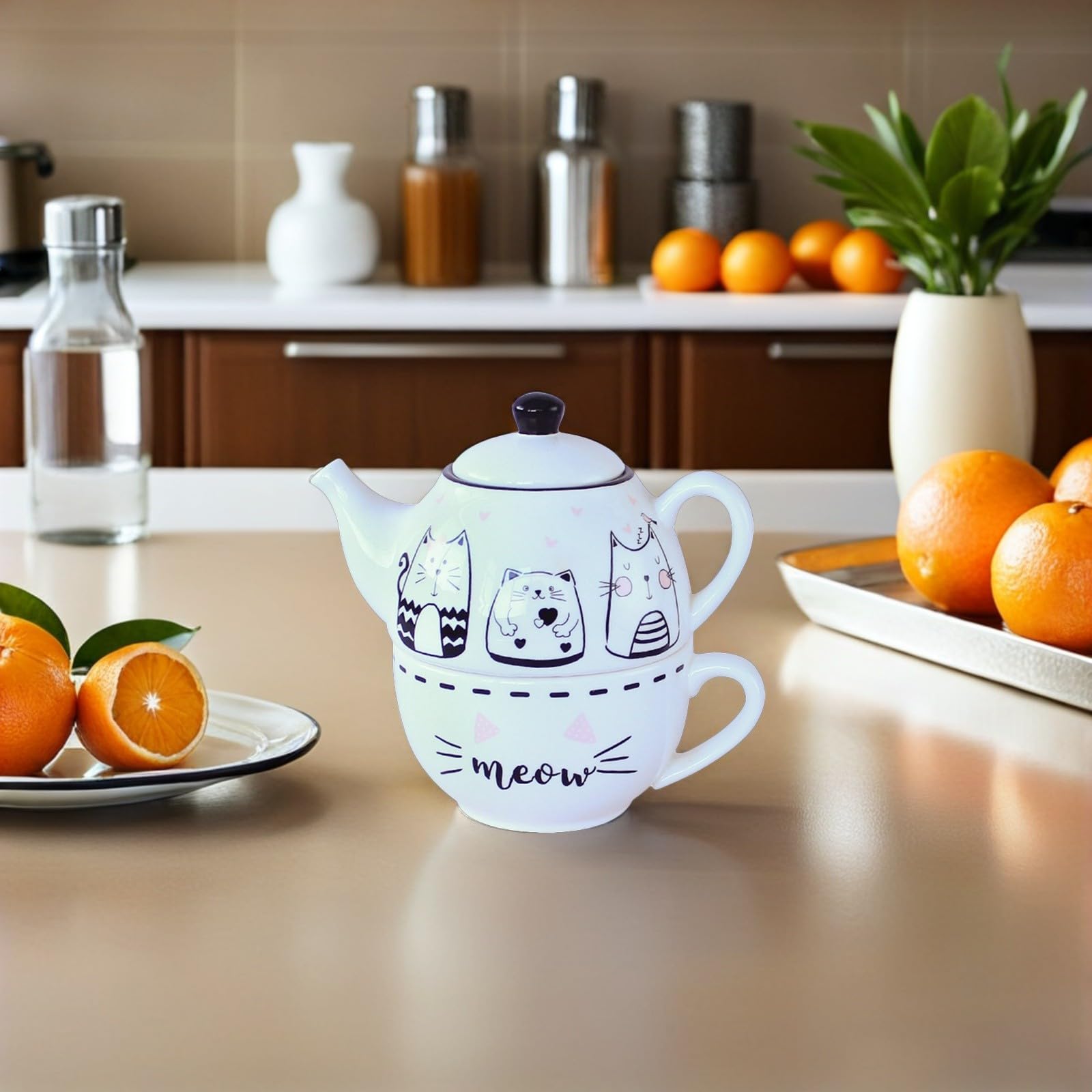 Didiseaon Juego de Té Diseño Original y Elegante de Cerámica Forma de Gato Blanco Tetera y Taza Decorativa para Uso Diario para Aficionados al Té