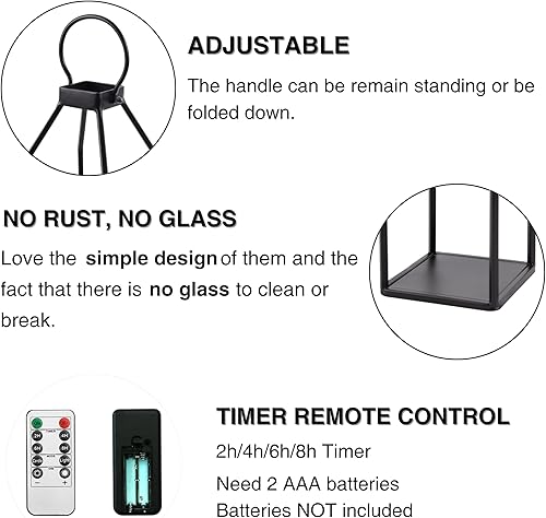 Miniatura 6 de Perfnique Moderno farol decorativo de granja, juego de 2 faroles de metal negro de 15 pulgadas y 13 pulgadas, 2 velas LED de temporizador de 6 horas