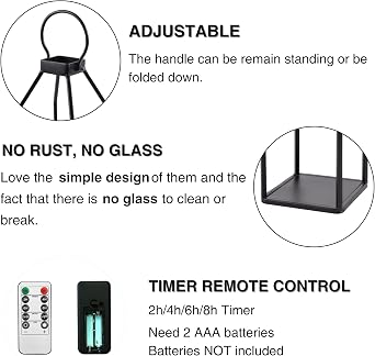 Perfnique Modern Farmhouse Lantern Decor, 15'' 13'' Set of 2 Black Metal Lanterns, 2 LED 6hr Timer Flickering Flameless Candles, Lanterns Decorative for Outdoor Decor, Home, Indoor, Patio (Black) [Energy Class A]