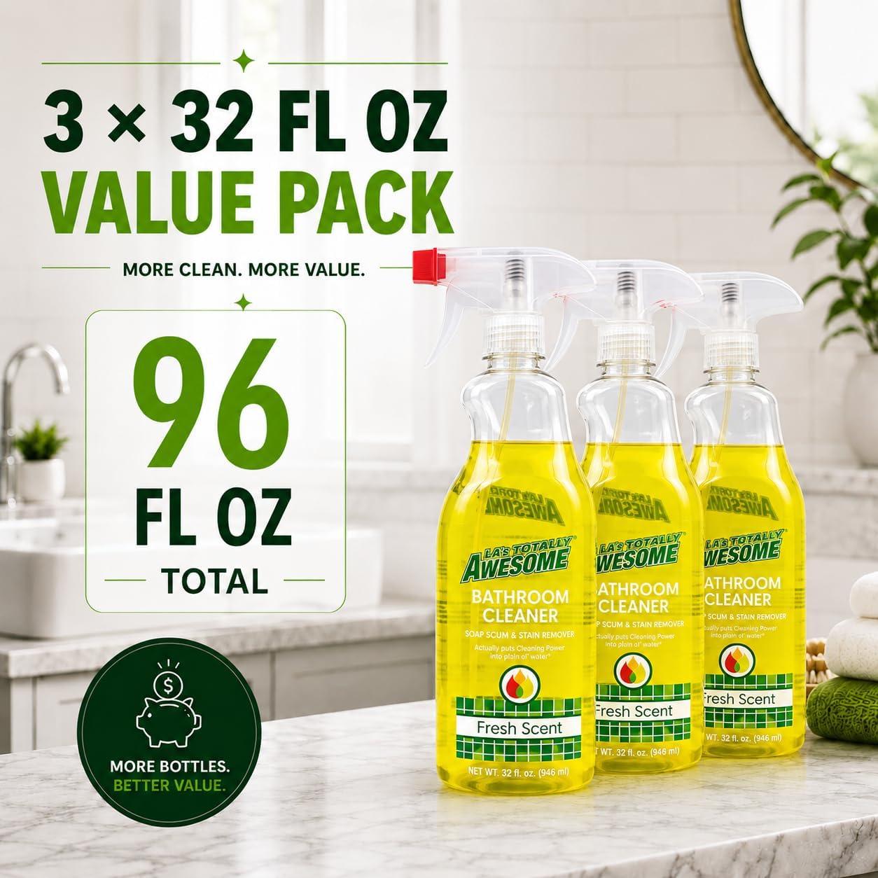 La's Totally Awesome Bathroom Cleaner Spray for Showers, Tubs, Sinks & Tile, Removes Soap Scum, Grime & Stubborn Stains, Fresh Scent, 32 Fl Oz, Pack of 3