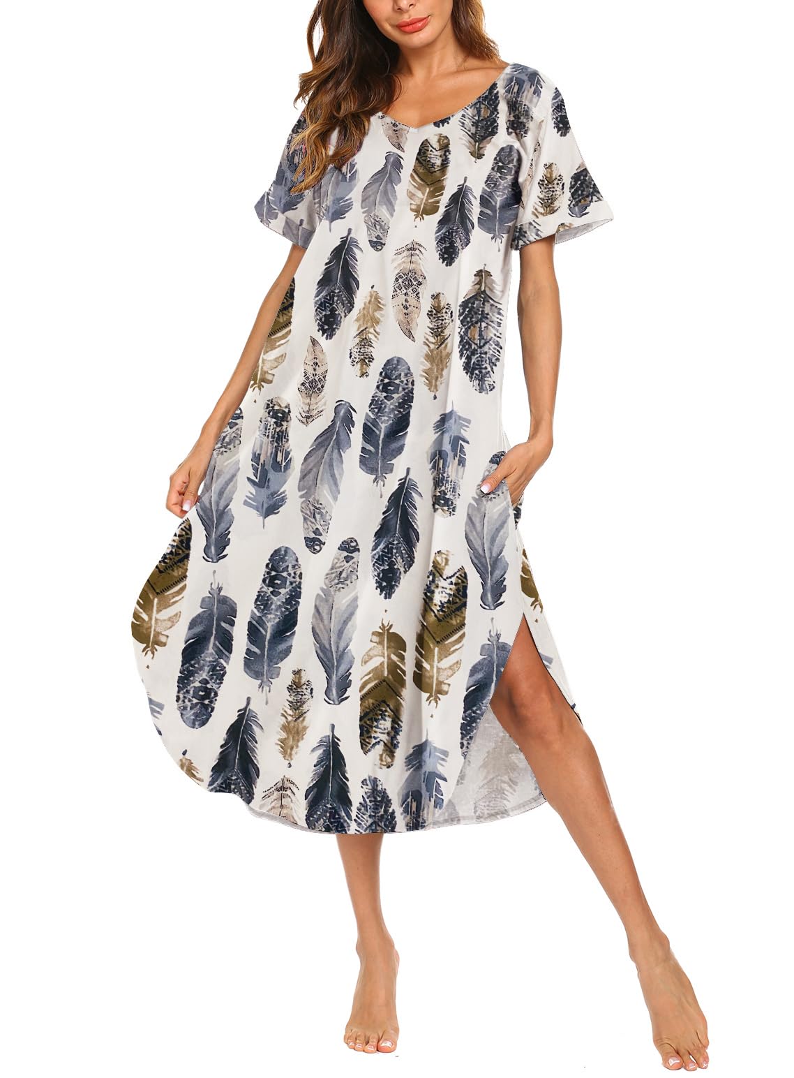 AVIIER Nightgowns for Women Cotton Night Shirt Sleepwear Ladies Soft Loungewear with Pockets Plume S