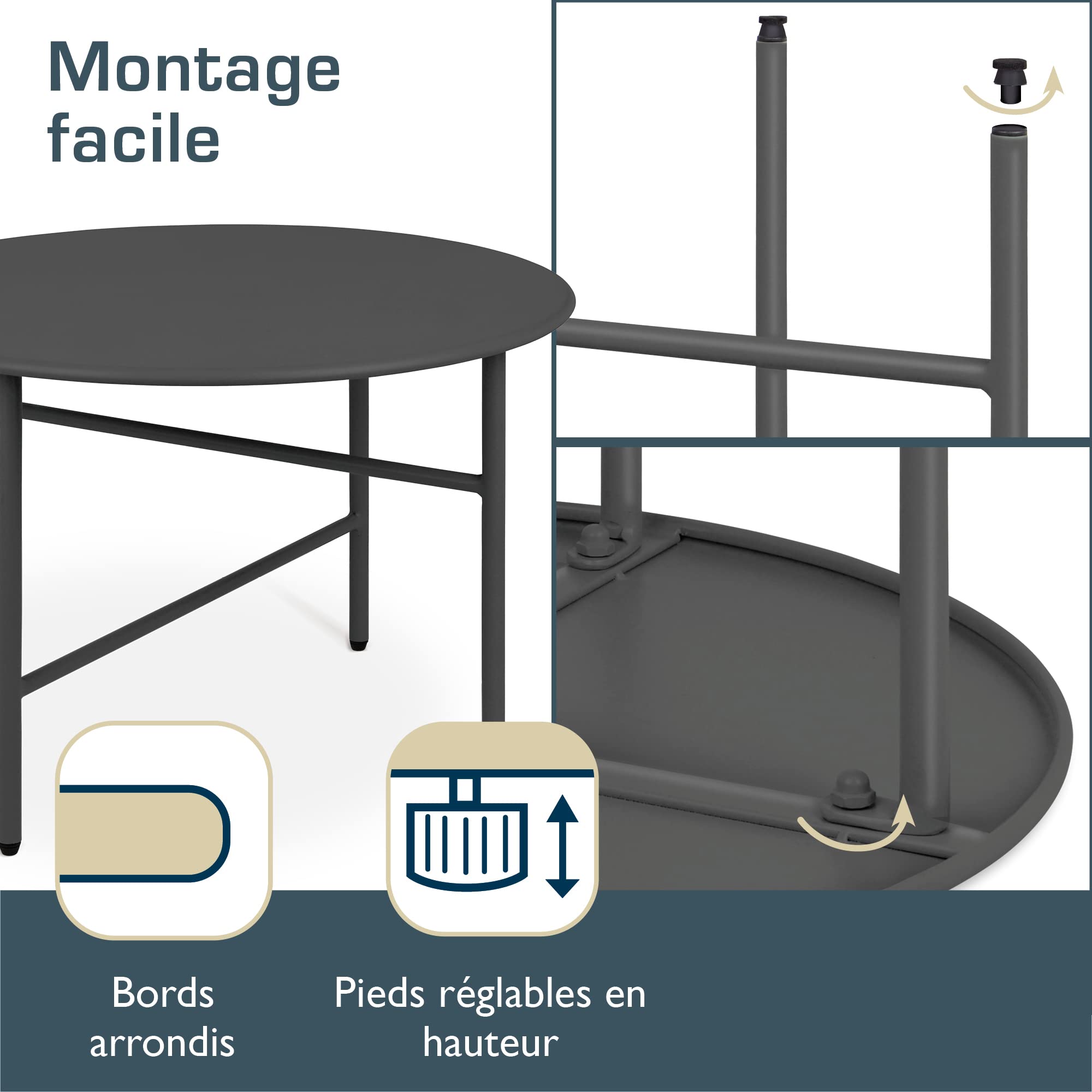 BOMOE Petite Table Basse Jardin Exterieur en Métal Noir Ø 53 cm Plateau Anti-Rayures - Table d'appoint Extérieur Stable Légère Indoor Outdoor Balcon Terrasse Chambre Finn