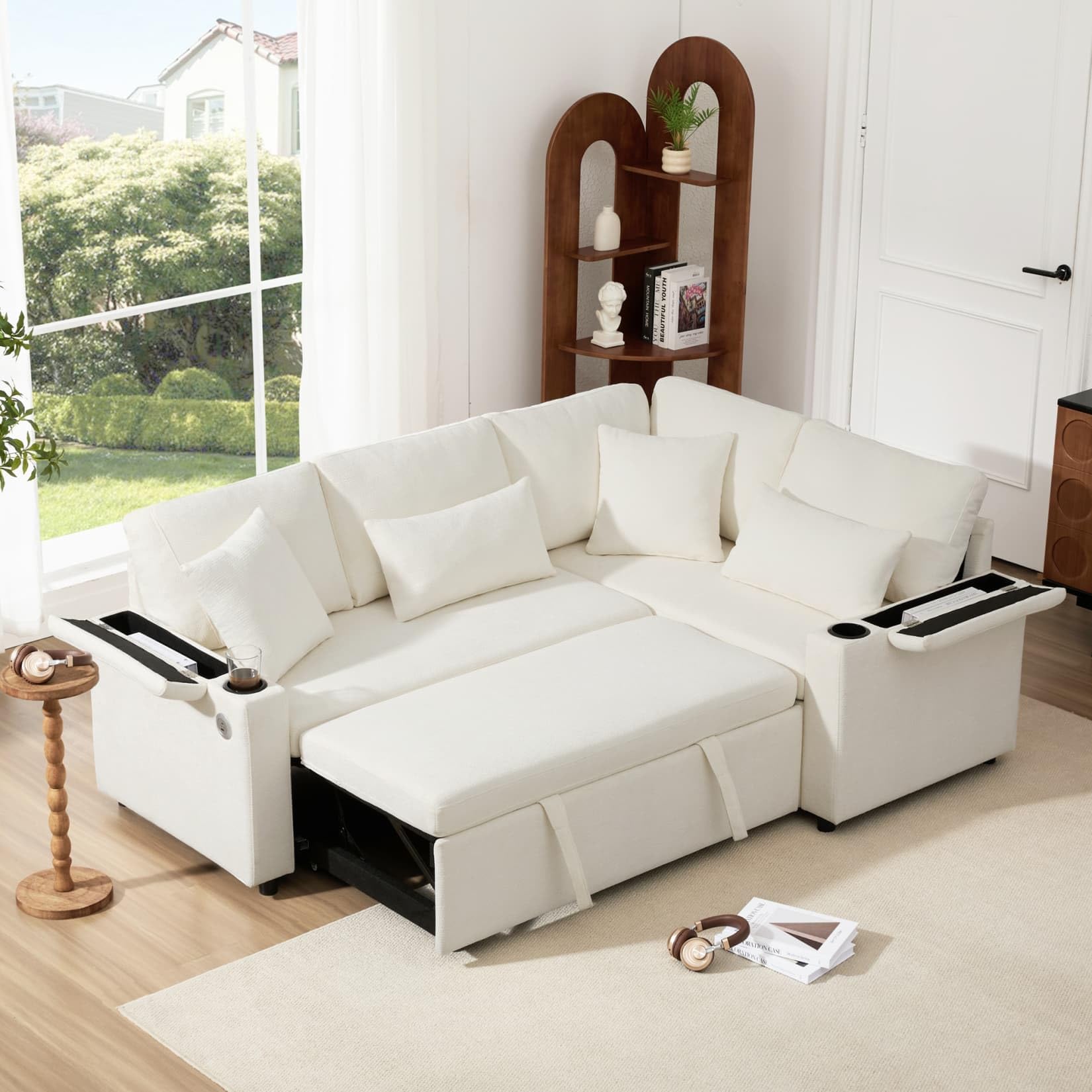 PUGSDRLY Canape Dangle Convertible 4 Places,Canapé Lit avec Port USB,Plateau D'accoudoir,4 Coussins,Porte-gobelet,Chenille,pour Salon Bureau Appartement (D-Beige)