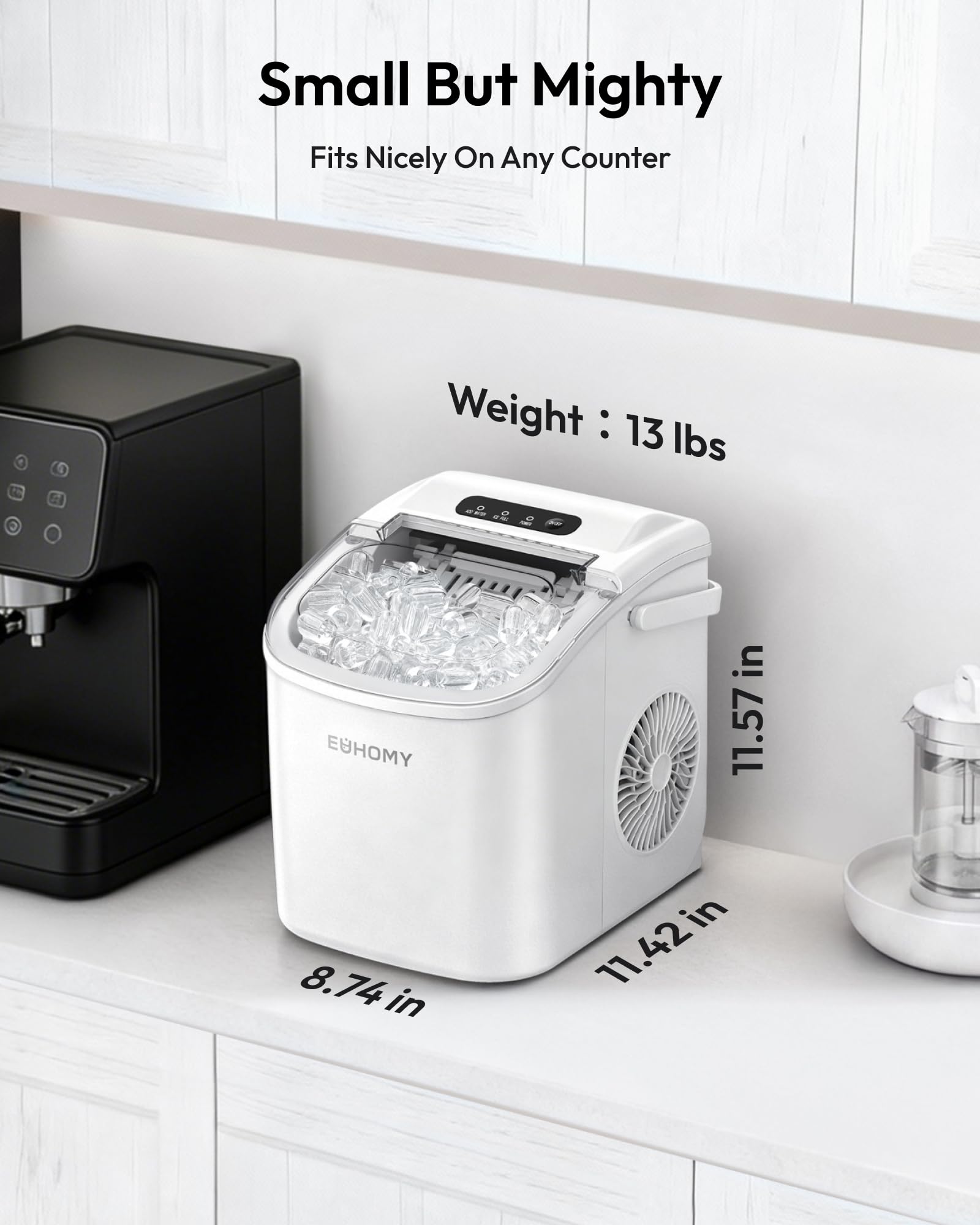 EUHOMY Máquina de cubitos de hielo de acero inoxidable, 24 cubitos de hielo en 13 minutos, 24 kg/24 h, máquina de hielo autolimpiable de 3,2 L con pala de hielo y cesta Blanca