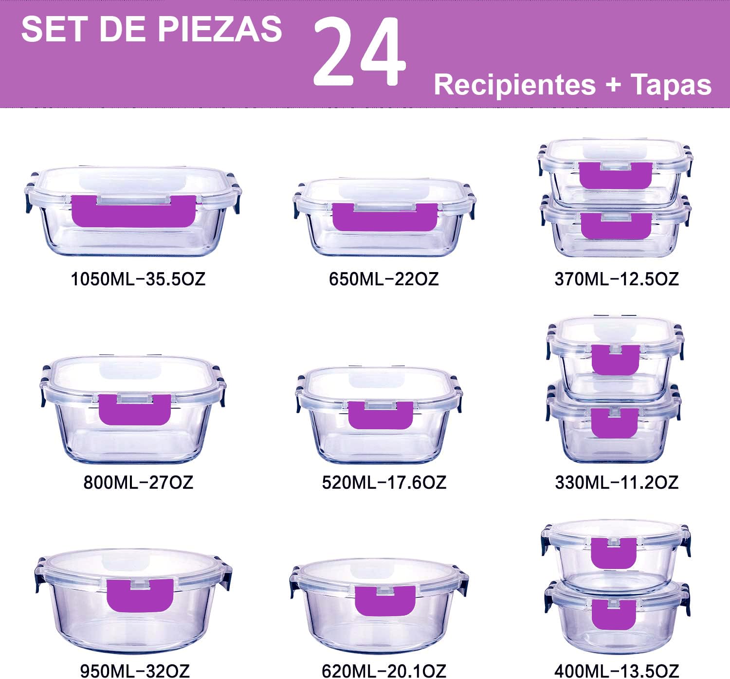Recamania Recipientes de Cristal Para Alimentos - 24 Piezas (12 recipientes y 12 tapas) - Apto para lavavajillas, Microondas y congelador - a prueba de fugas y sin BPA - Aprobado por la FDA y el FSC