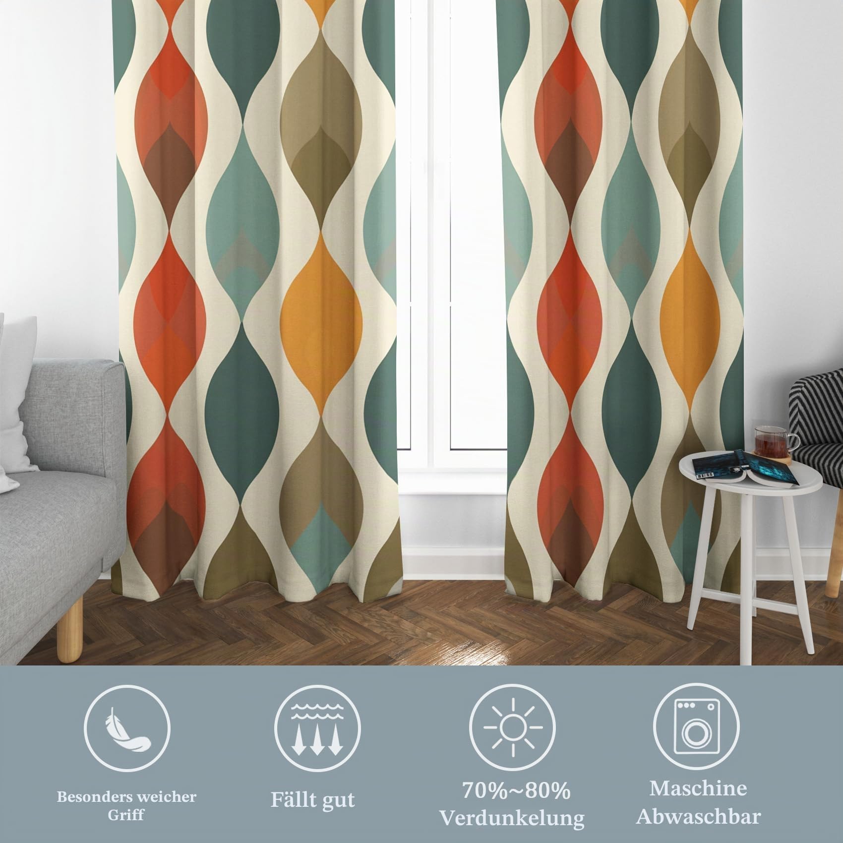 Vorhänge Geometrisch, Verdunkelungsvorhang 2er Set - Vorhang Blickdicht Modern Bunt Muster, Thermovorhang für Deko Wohnzimmer Schlafzimmer, Gardinen mit Ösen 245x140 cm (HxB)