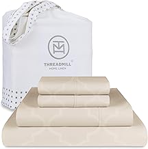 Threadmill 100% Cotton Sheets for King Size Bed | 4 Pc King Bed Sheets Set | Soft, Breathable Lightweight Damask Sateen for All-Season Use | Snug Fit Elastic Deep Pocket King Sheets | Beige