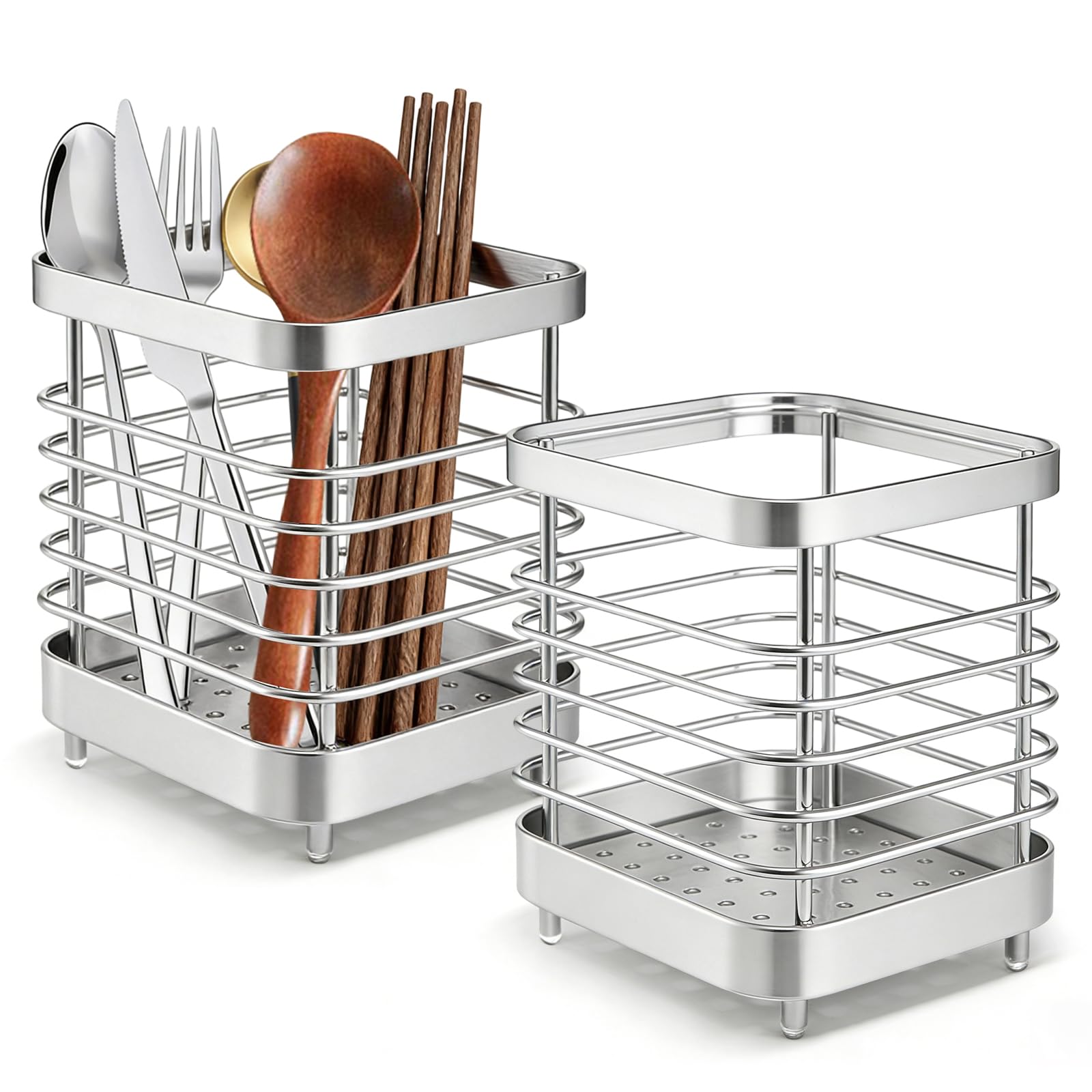 LZYDKH Utensil Holder, 2 PCS Anti-Rust Cutlery Storage Rack Cutlery Holder Drainer Stainless Steel Sink Cutlery Drainer Utensil for Knives, Forks and Spoons