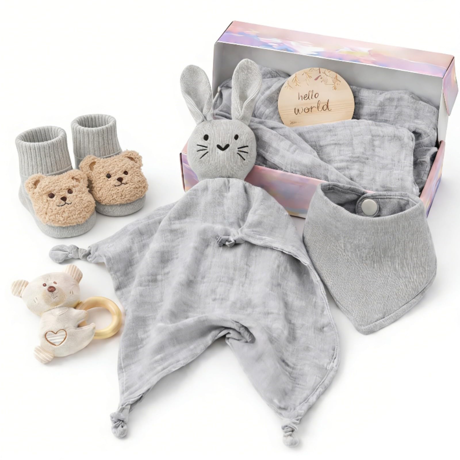 DRAKEWOOD Gris 6 en 1 Canastilla Bebe Recien Nacido Unisex con Toalla Baño Babero Triangular Calcetines Sonajero Tarjetas de Hitos y Mantita de Apego Gato - Set de Regalo Nacimiento para Niña Niño