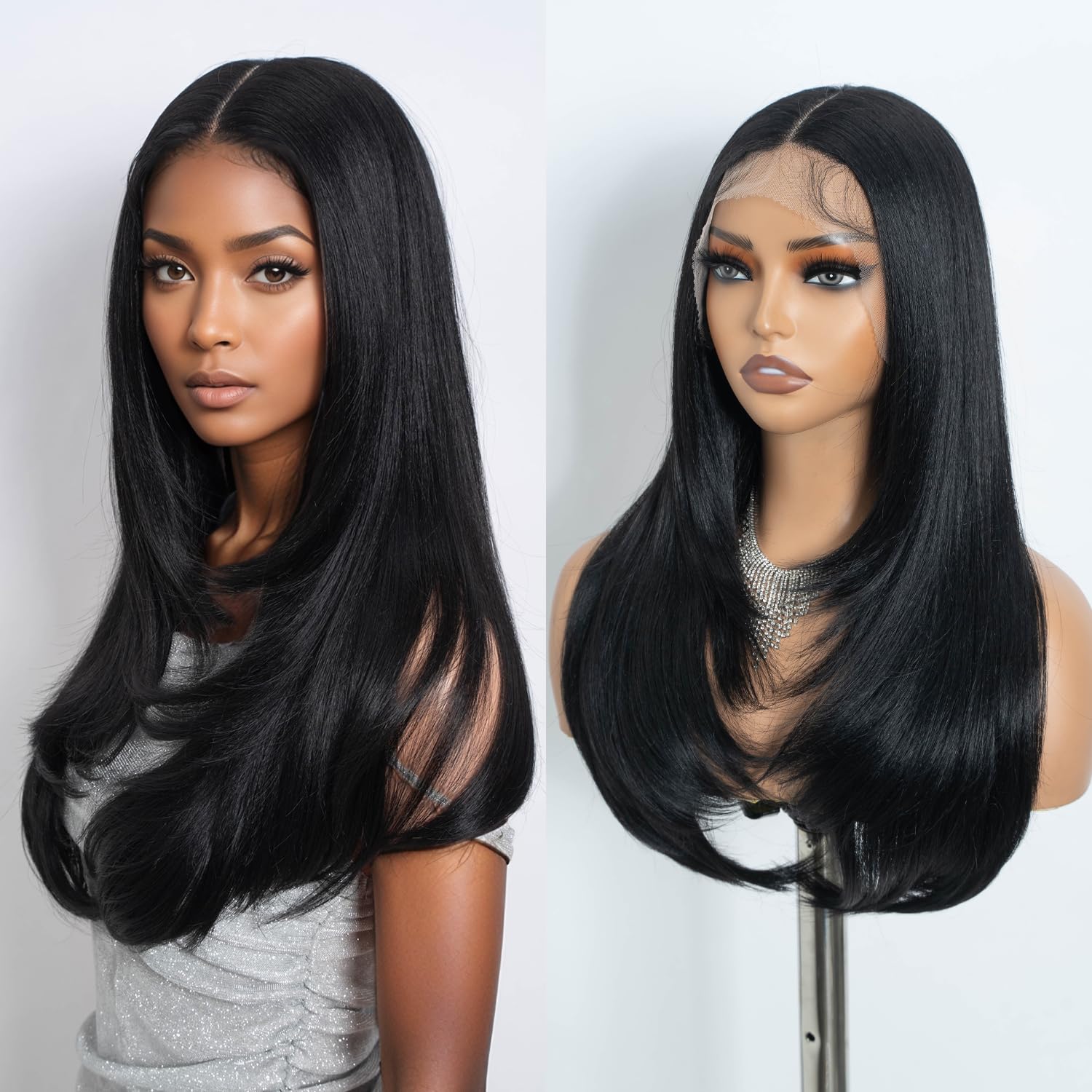NOBLE Black Straight Layered Wig 24 inch 13×4×1 Lace Front Wigs Middle Part Blowout Long Hair Style Wigs For Daily Use