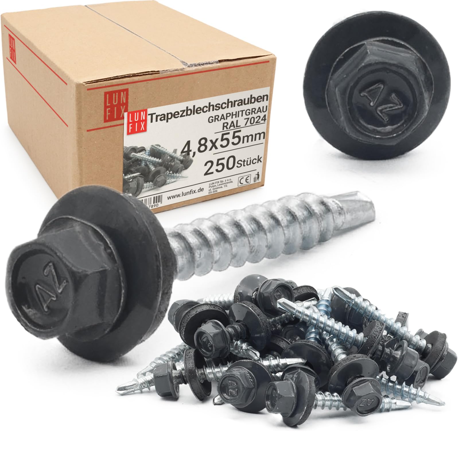 LUN FIX Trapezblechschrauben 4,8x55 mm, 250 Stück, Graphitgrau RAL 7024 Schrauben EPDM, Spenglerschrauben mit dichtscheibe, Selbstbohrende blechschrauben mit dichtung, Bohrschrauben mit Bohrspitze