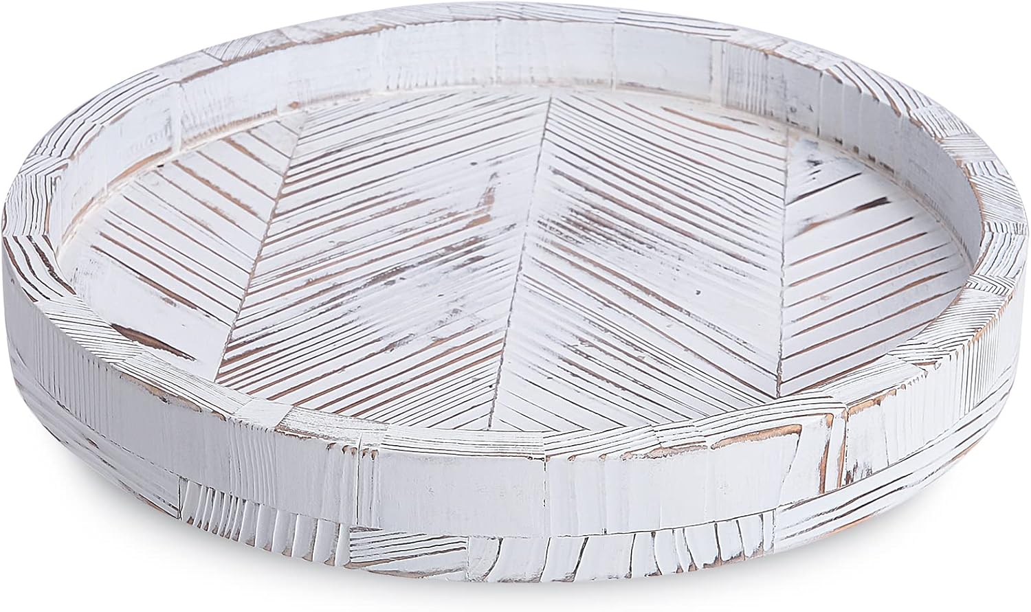 12 Inch Rustic Farmhouse Wood Lazy Susan Turntable for Table, Tomoaza White Herringbone Decorative Turntable Tray, Dining Table Centerpiece and Cabinet Organizer