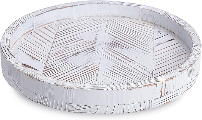 12 Inch Rustic Farmhouse Wood Lazy Susan Turntable for Table, Tomoaza White Herringbone Decorative Turntable Tray, Dining Table Centerpiece and Cabinet Organizer