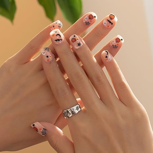 Miniatura 8 de 24 uñas postizas de Halloween a presión de longitud media, diseño de esqueleto fantasma, uñas postizas de cobertura completa, uñas cuadradas