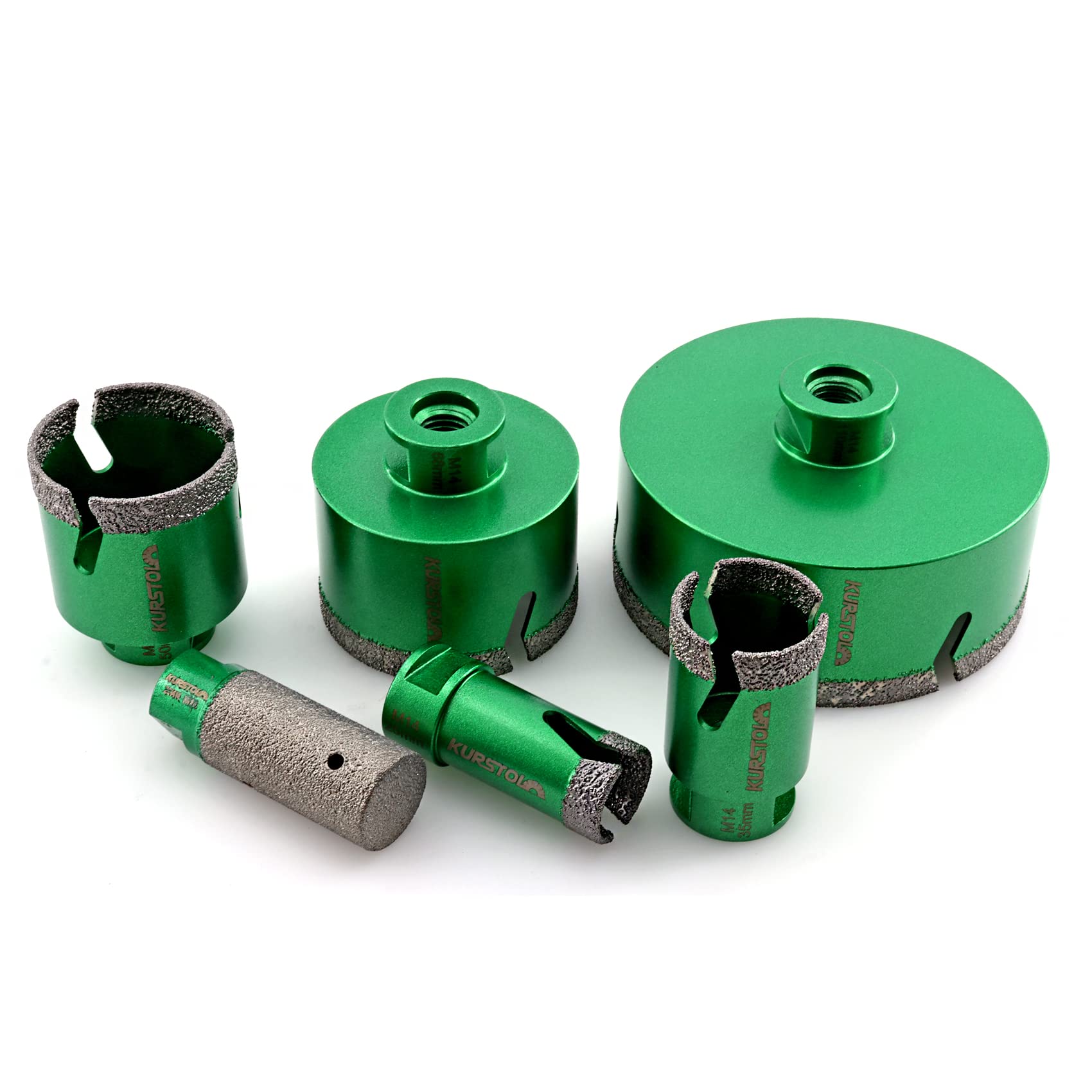 KURSTOL Tile Hole Saw Set - 5pcs Diamond Core Drill Bits 25/35/50/68/110mm 1pc Diamond Milling Bit 25mm M14 thread for Enlarging Shaping Porcelain Ceramic Tile Granite Marble Angle Grinder