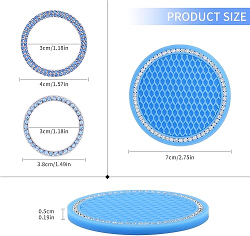 Miniatura 7 de Juego de 4 posavasos para automóvil y cubierta de botón de arranque del motor, accesorios de automóvil con diamantes de imitación azules, posavasos