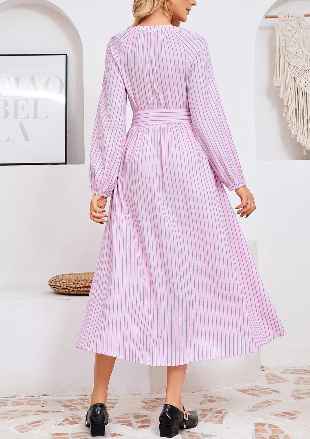Ladyful Women's Pink Striped Maxi Dress Long Sleeve V Neck Button Up Shirt Dresses Tie Waist Flowy A Line Dress - Image 3