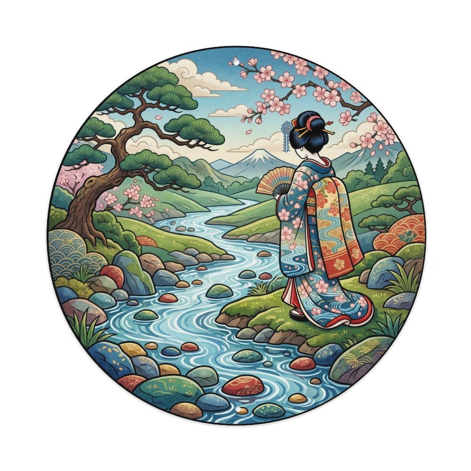 Japanese Geisha Clear Stream Pebbles Flowing Water Metal Tin Sign