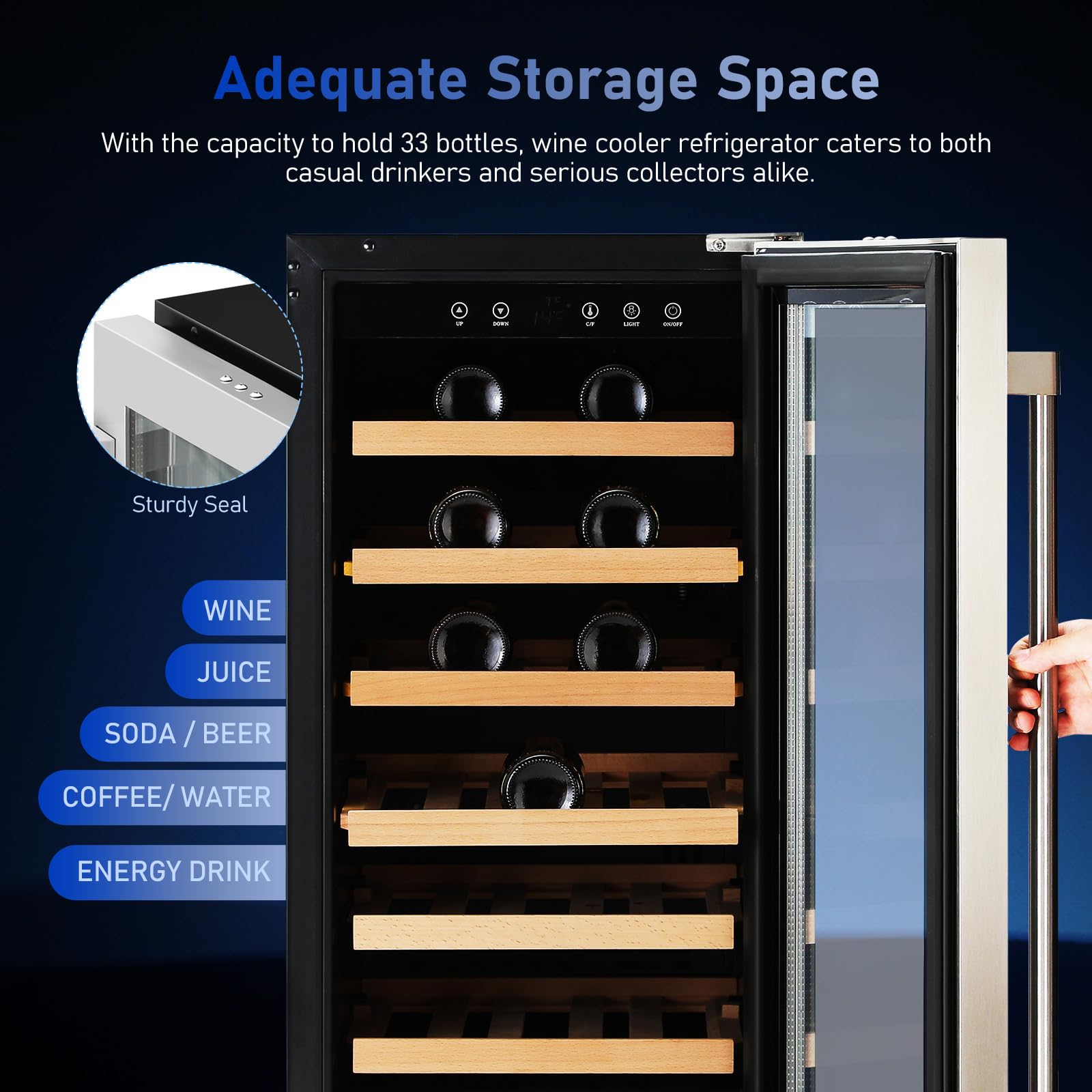 33 Bottle Wine Cooler Beverage Refrigerator, Wine Refrigerator Glass Door With Digital Temperature Control (41°F-64°F), Built In, Freestanding Under Counter Fridge For Beer Soda Bar Drink Home Office on Fridge.com - View 5